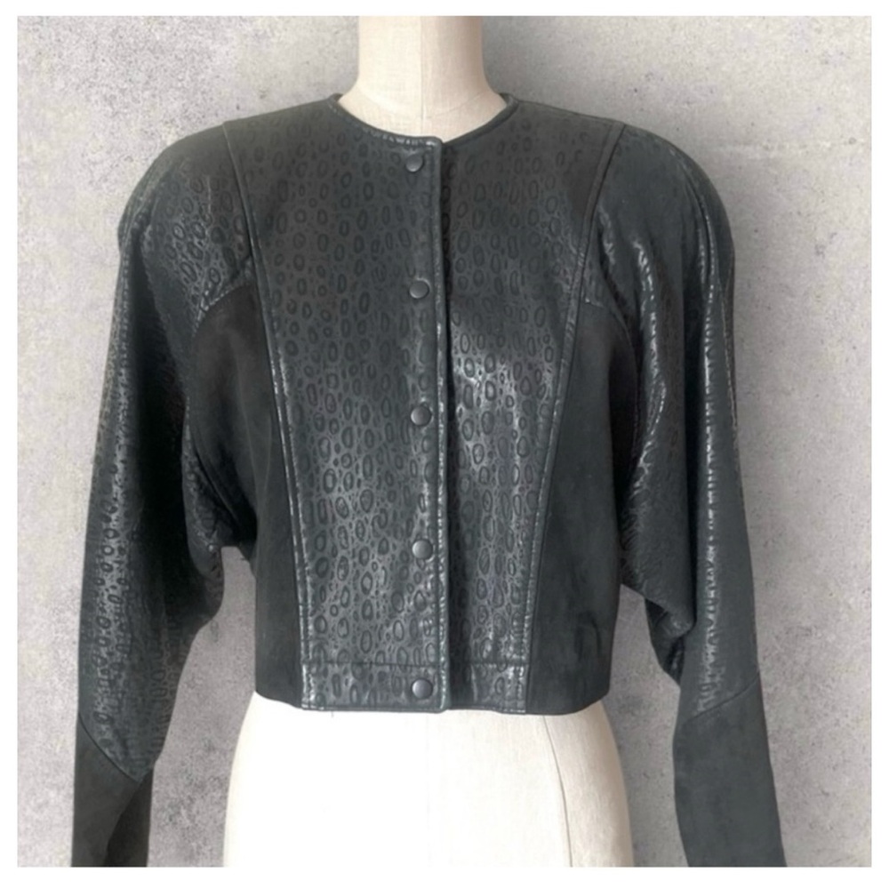 Vakko Neiman Marcus Cropped Leather Jacket Vintage Black - Picture 10 of 16